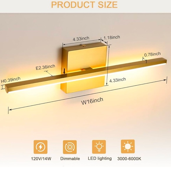 Modern Bathroom Vanity Light Fixture 16 Inch, 14W Brushed Gold Dimmable 5CCT LED - Picture 3 of 7